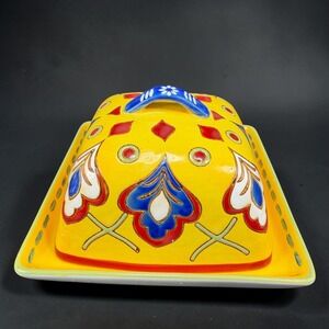 Dutch Wax Coastline Imports Handpainted Ceramic Butter Dish Yellow Folk Art